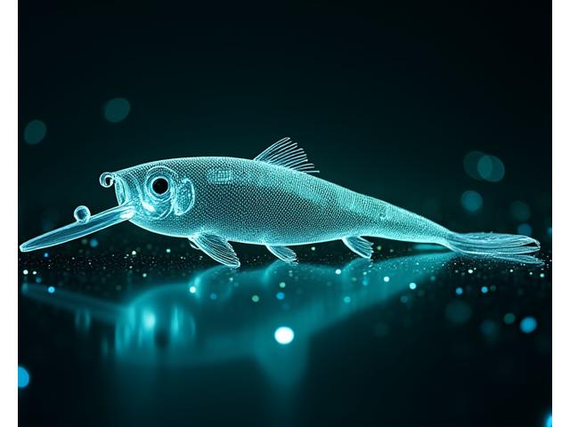 Abstract representation of AI algorithms designing a lure, with glowing lines and data points forming a fishing lure shape.