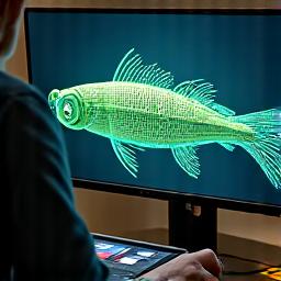 A close-up of a designer working on a CAD software interface, displaying a 3D model of a fishing lure or rod component, with complex geometries and technical specifications clearly visible, symbolizing the design and engineering phase.