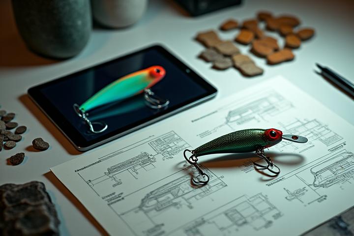 A designer's desk with a fishing lure prototype, engineering sketches on a tablet, and various color samples, illustrating the custom design process.