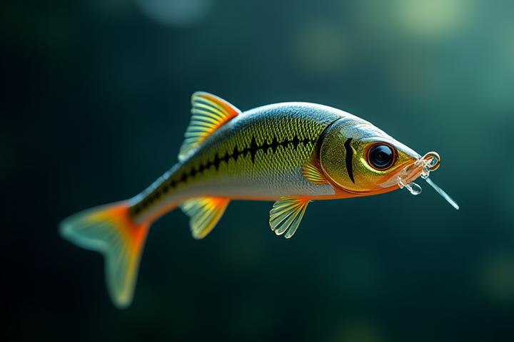 A highly detailed, rotating fishing lure with aerodynamic fins and realistic eye design, showcasing precision engineering and craftsmanship.