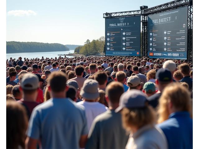 Large, enthusiastic crowd watching a fishing tournament live stream or event, indicating successful engagement
