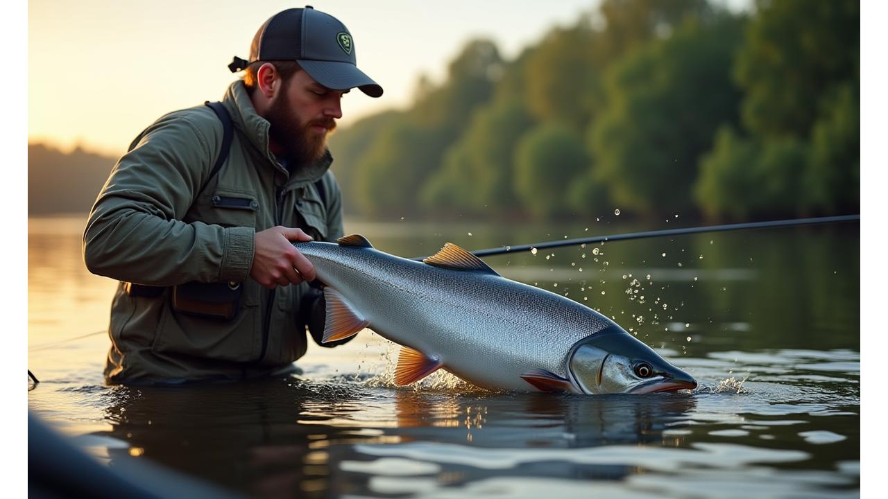 Dynamic shot of a professional angler in action, successfully landing a large fish, with sleek Serpent Scale tackle visible