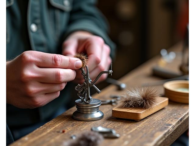 Close-up of hands expertly tying a detailed fly on a vise, surrounded by various materials and tools.