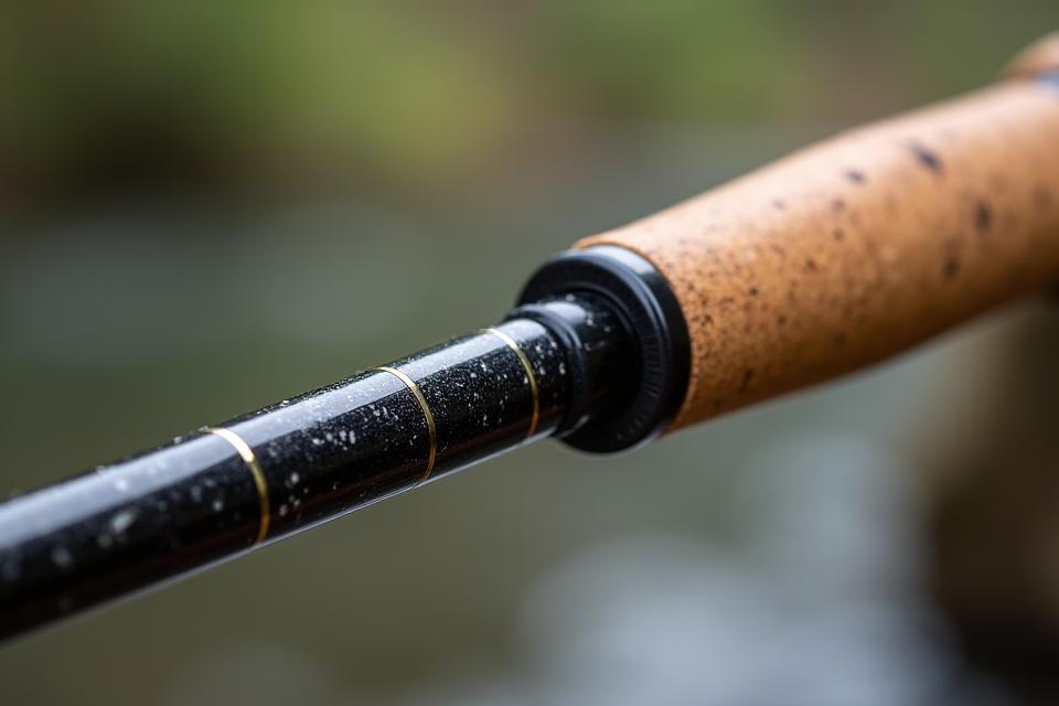 Close-up of a high-performance fly rod’s tip and reel seat, showcasing carbon fiber texture and fine craftsmanship.