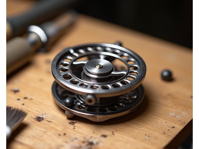 A clean fly reel being meticulously cleaned and oiled on a wooden workbench, with small tools nearby.