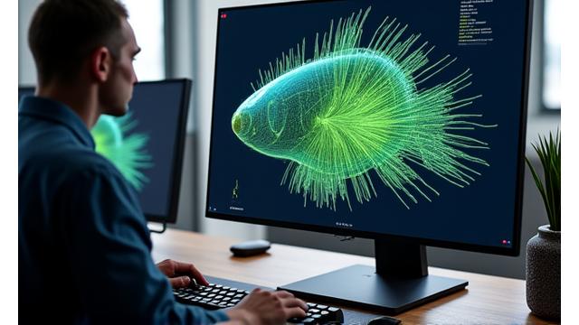 3D CAD model of a fishing lure on a computer screen with intricate design details