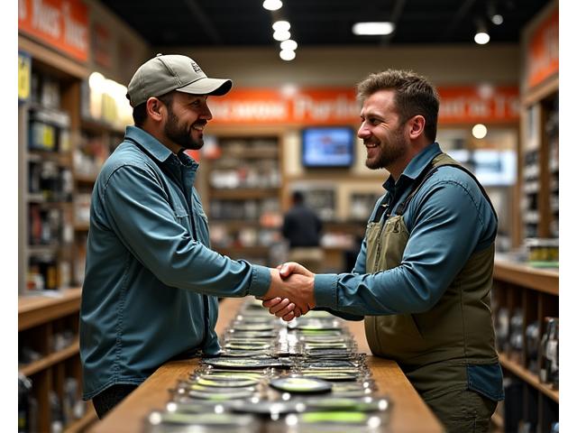 Two business people shaking hands over fishing tackle in a retail setting