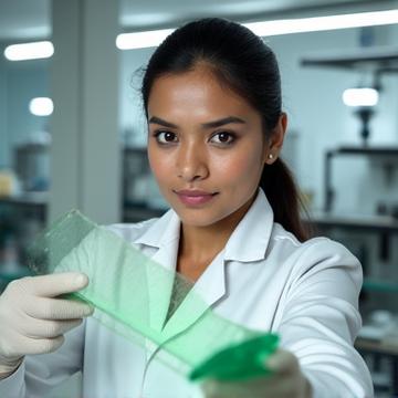 Portrait of a brilliant female materials engineer, late 30s, working in a lab with composite materials