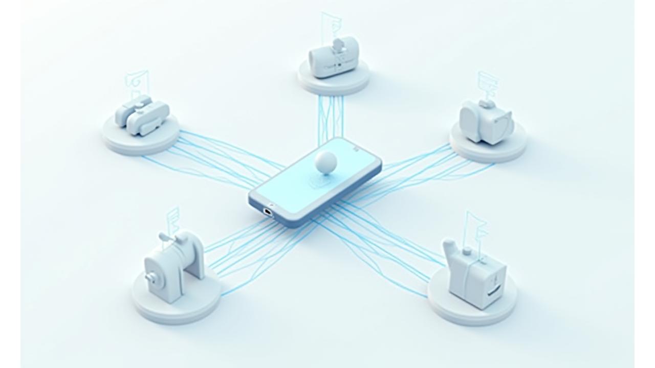 Diagram illustrating the interconnectedness of smart fishing tackle components: rod, reel, lure, and smartphone app, with data flowing between them