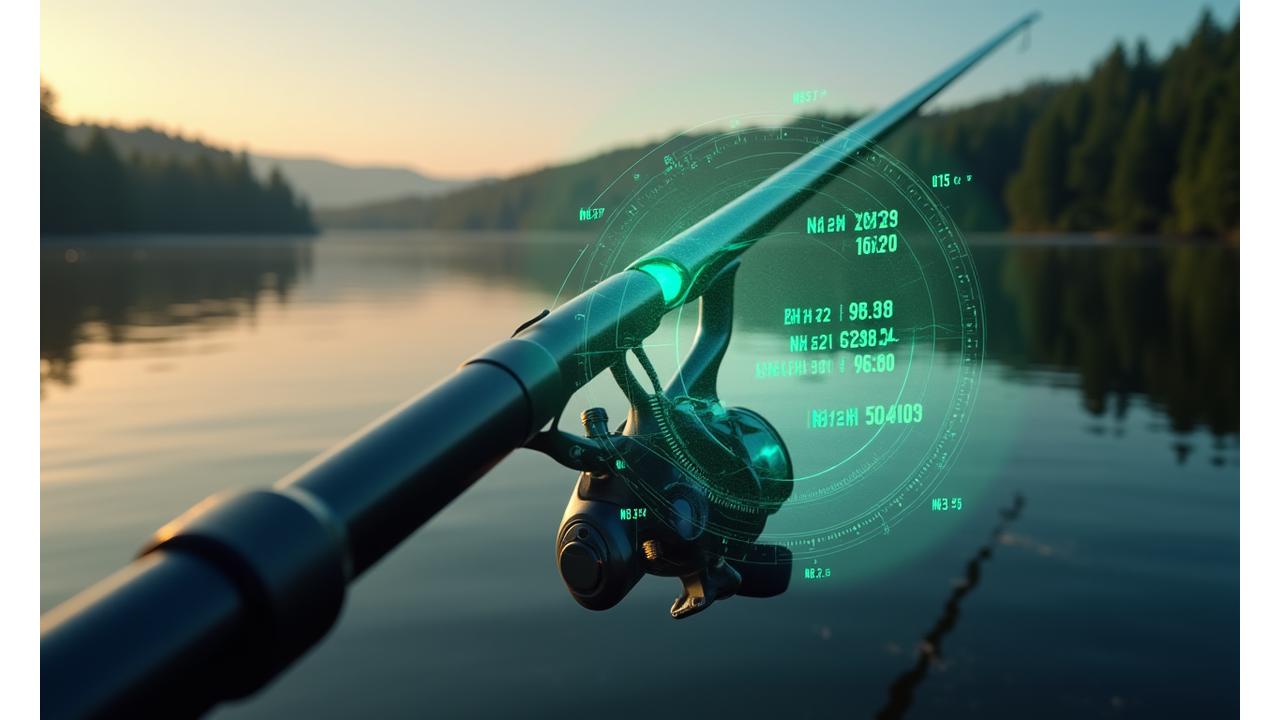 Digital dashboard displaying real-time fishing data, integrated with a smart fishing rod and reel