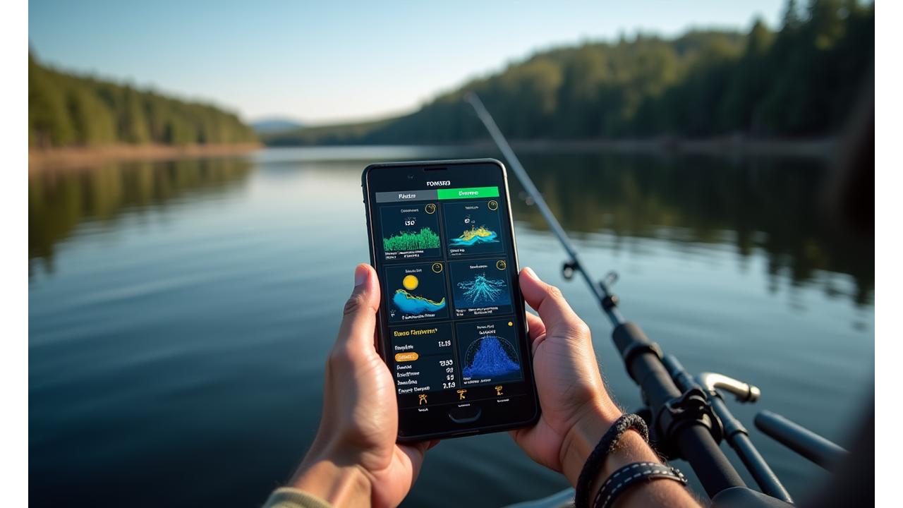 Side-by-side view of a modern angler holding a smart rod and a close-up of a tablet displaying live environmental and fish data