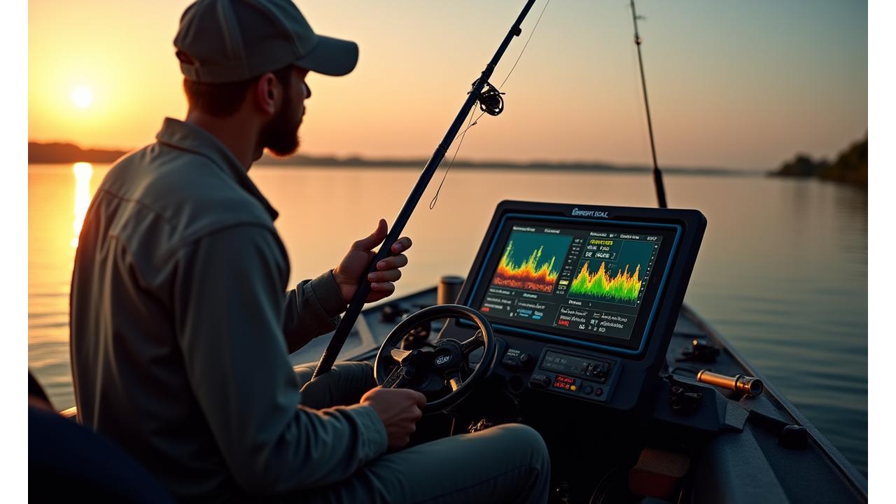 Professional angler on a boat, intently watching a display screen connected to smart fishing gear, during a tournament