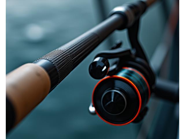 Close-up of a high-performance fishing rod with a precision-engineered reel.