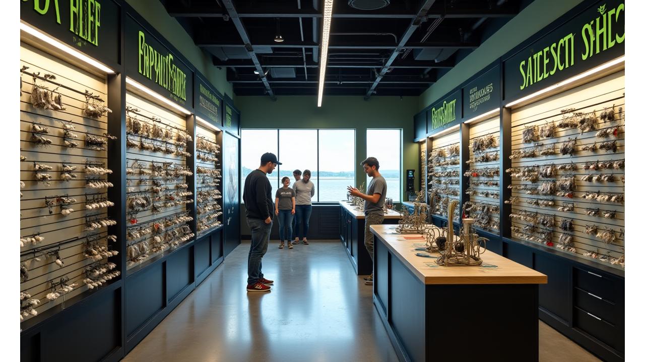 Successful fishing tackle retail display, prominently featuring Serpent Scale products with a busy, satisfied customer in the background.